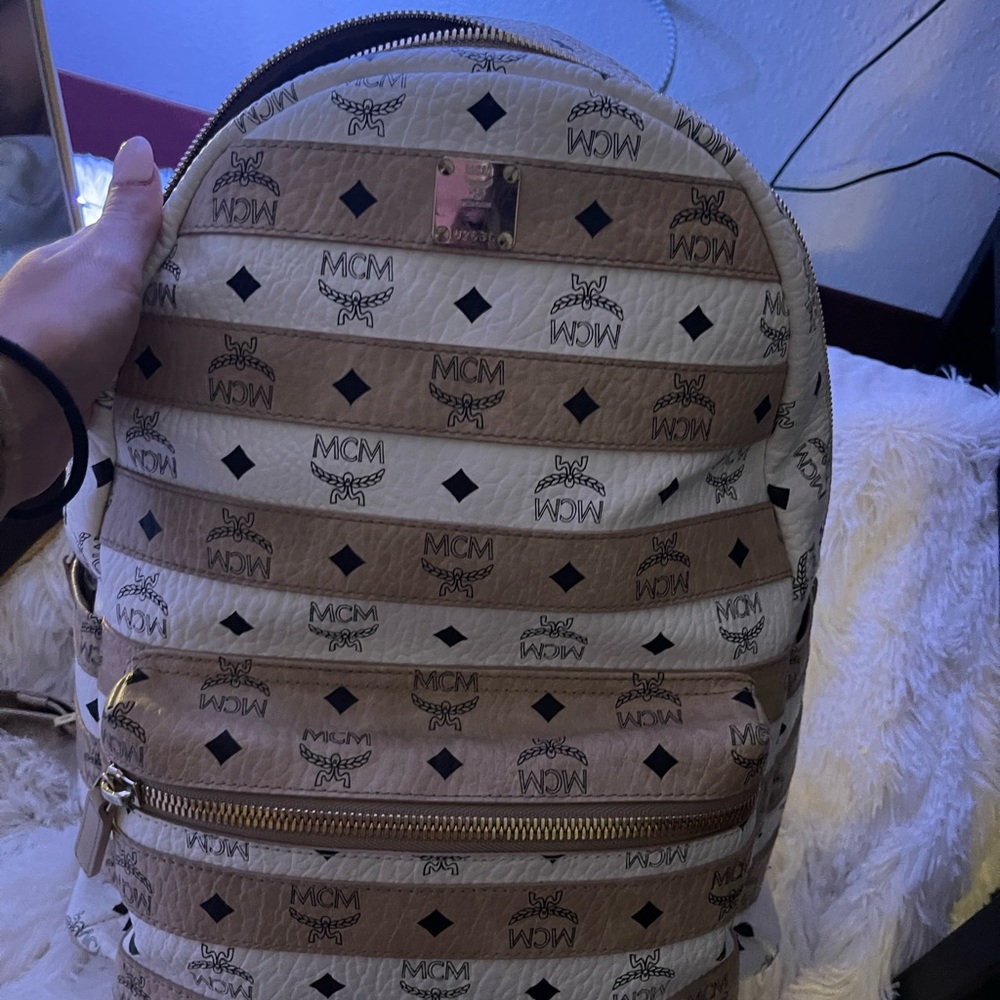 MCM Colorblock Medium Mmk9axl52bt001 White Beige Coated Canvas Backpack